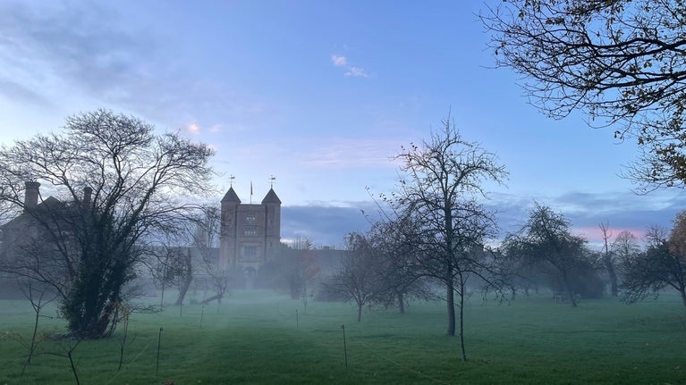 November mist in the orchard with the Elizabethan Tower in the background